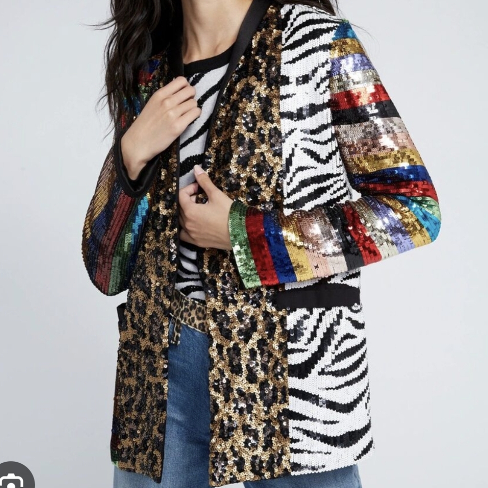 Alice + Olivia Kylie Sequin Patchwork Jacket Sx Xs - image 6
